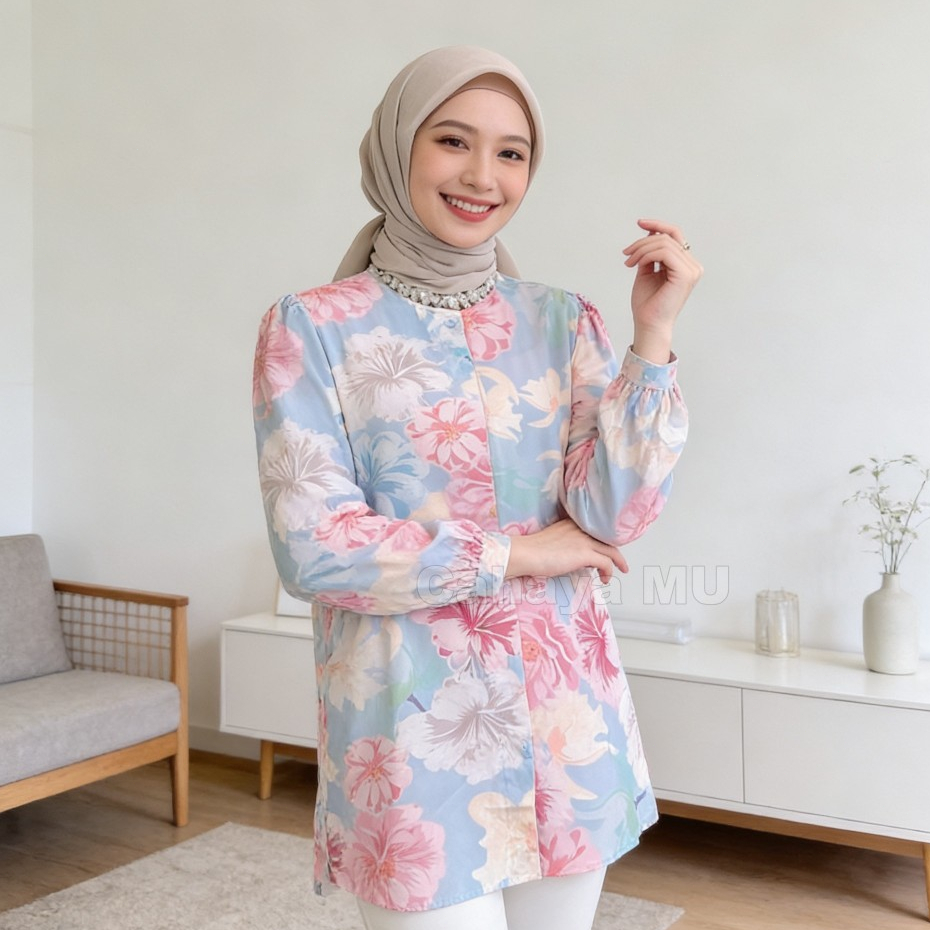 Ready Atasan Baju Blouse Kemeja Motif Bunga Lengan Panjang Casual Kondangan Terbaru/Kemeja Wanita Mo