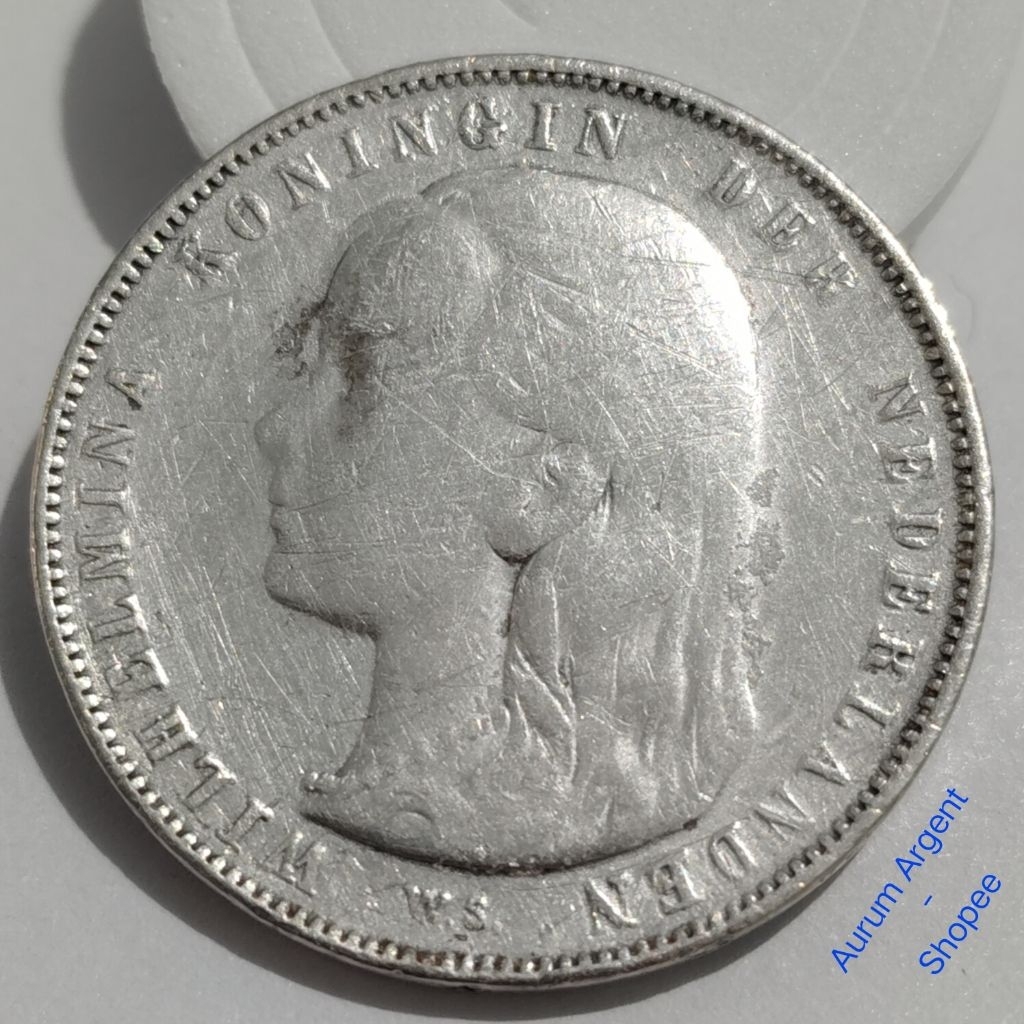 WILH1G-66.. 1 PC KOIN PERAK KUNO ASLI 1 GULDEN WILHELMINA TH 1892  -- SILVER COIN --