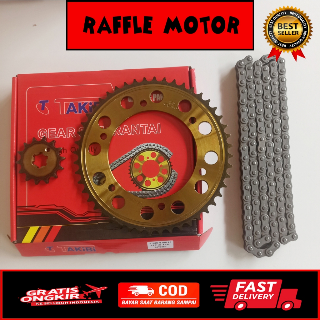 TAKIBI GEAR PAKET KOMPLIT VIXION R 48T. GIGI TARIK + RANTAI YAMAHA R15 48T/14T