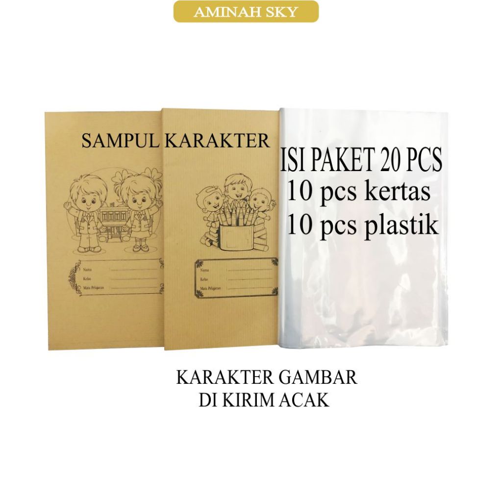 AMINAH Sampul Buku Sekolah 20 PCS - Desain Karakter, Kertas dan Plastik, Ukuran Buku Sidu