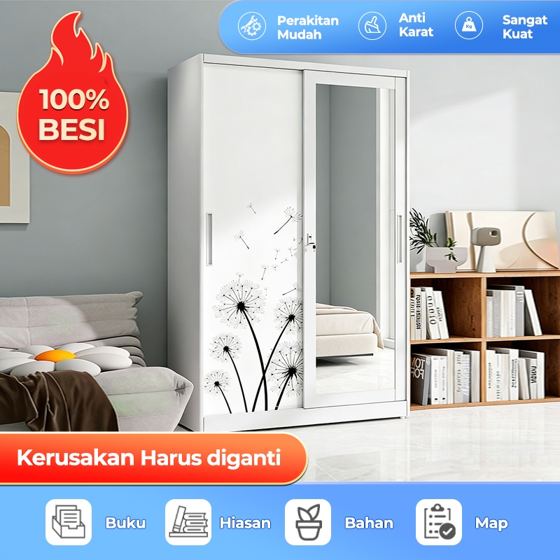 Lemari Pakaian Besi Sliding 2 Pintu | 90/120 CM 1 Batang Rak Baju Lemari Pakaian Dengan Cermin Lemar