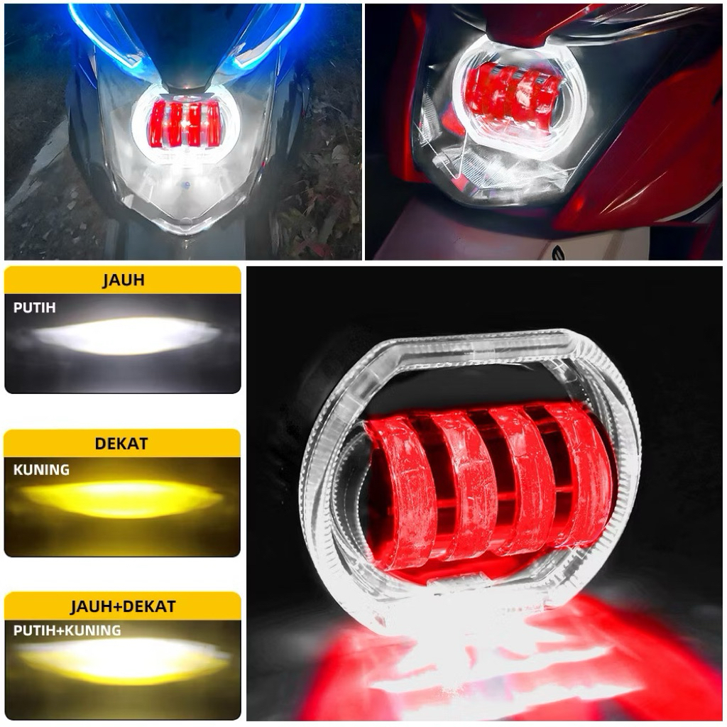 Lampu LED Motor 3 Mode (Putih/Kuning/Kombinasi) | Lampu Sorot Depan Terang Tahan Air | Jauh Dekat Su