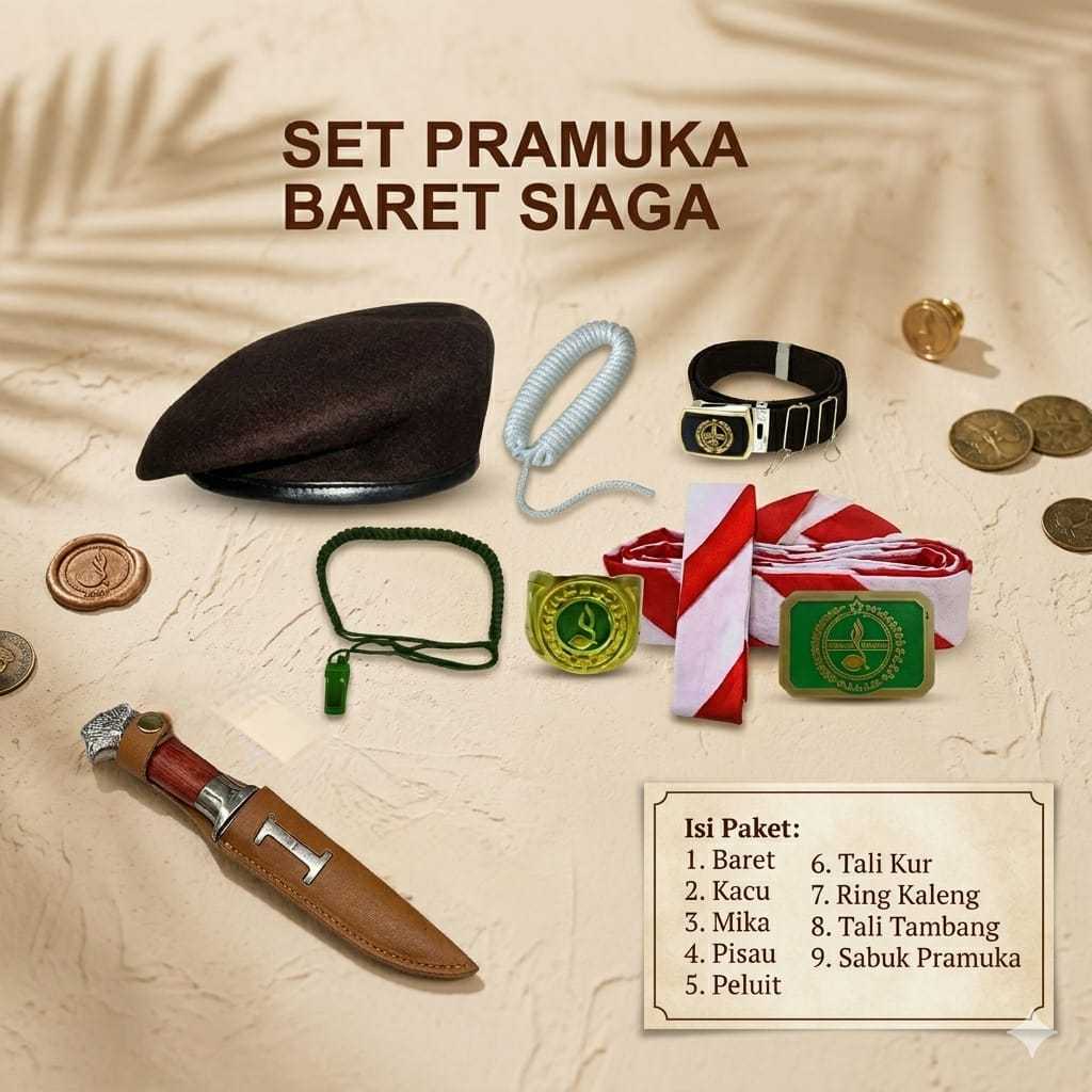 Set Atribut Aksesoris Pramuka Siaga (Baret, Tali, Sabuk, Pin, Badge, Peluit, Piso, Kacu Hasduk)