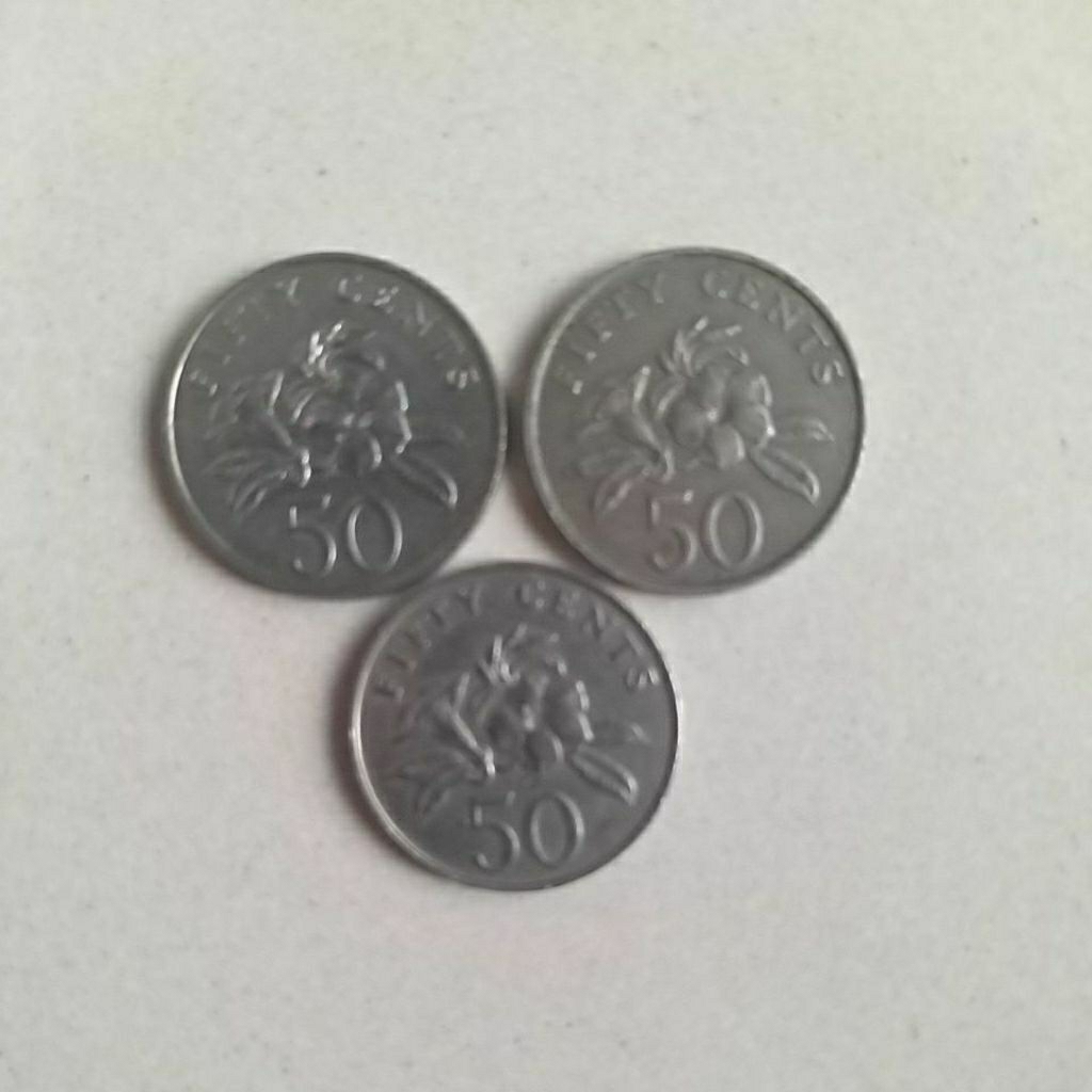 uang koin lama singapura 50 sen, harga tertera untuk 3 koin