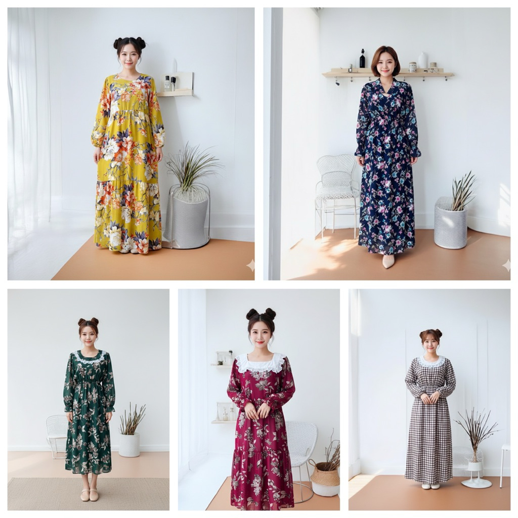 Celestia Elegant Dress | Elegant Floral Dress Wanita Panjang | Baju Panjang Hijab Friendly