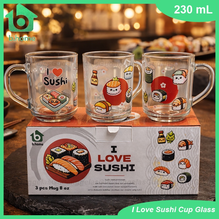 1 SET ISI 3 PCS CANGKIR KOPI KACA I LOVE SUSHI/GELAS CANGKIR KOPI SET/GELAS KACA SET/GELAS LUCU/GELA