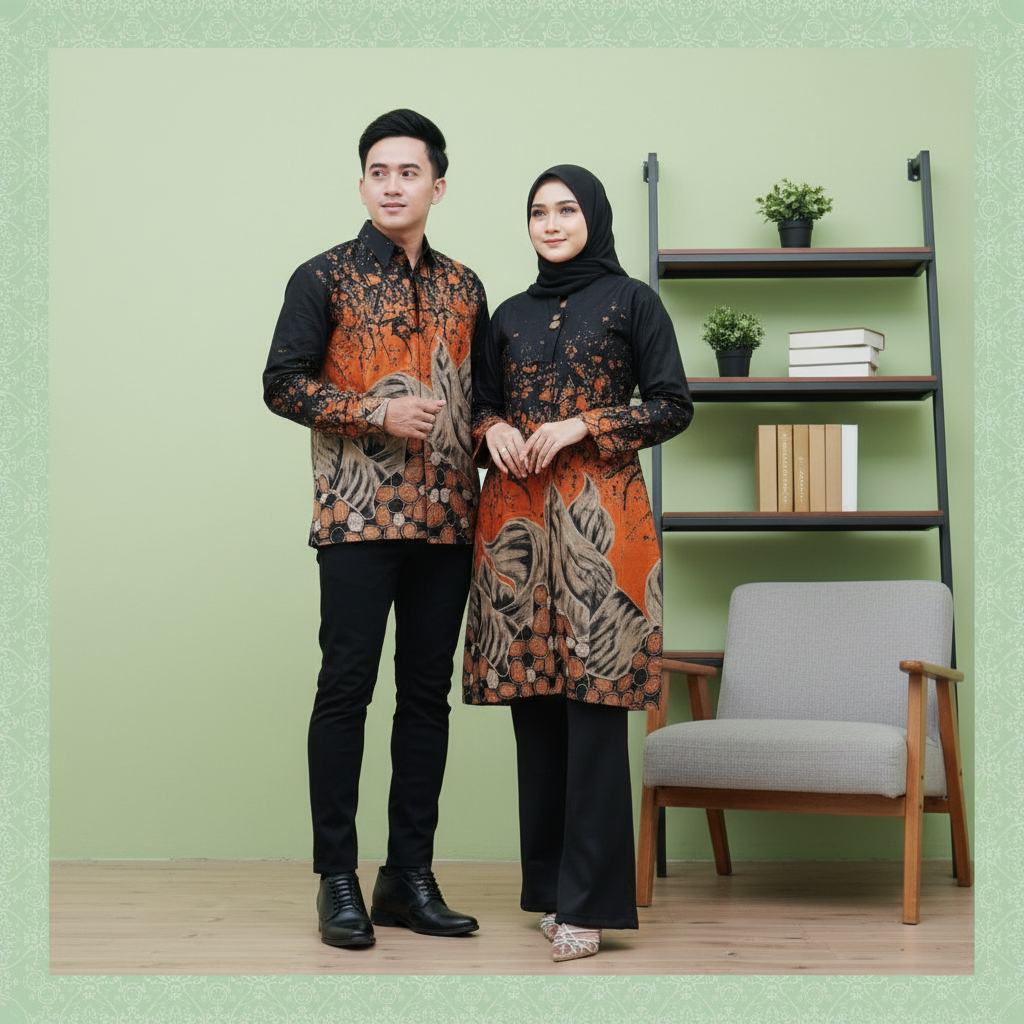 Batik Couple Lupitexa Kemeja Pria Tunik Wanita Motif Daun Kelor Orange Katun Halus Kantor M L XL
