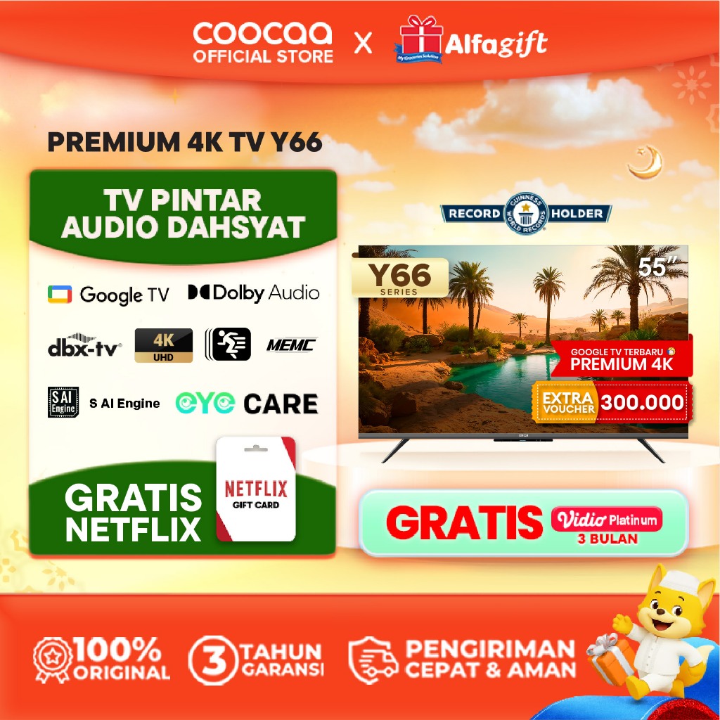 TERBARU COOCAA TV 55 inch Y66 - 4K Google TV - S AI Engine - MEMC - HDR10/HLG - Find My Remote - Eye