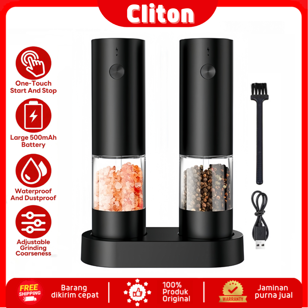 Cliton 2 Item Penggiling Lada Listrik Garam Laut Kacang Hijau Penggiling Otomatis Pengisian Daya USB