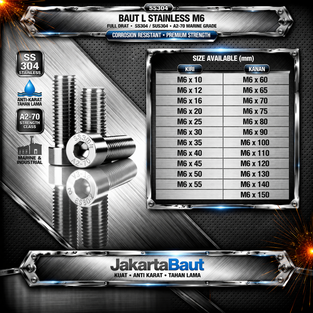 Baut L Stainless M6X75 / 6X75 / M6 X 75 / 6 X 75 Full Drat SS304 / SUS304 / A2-70