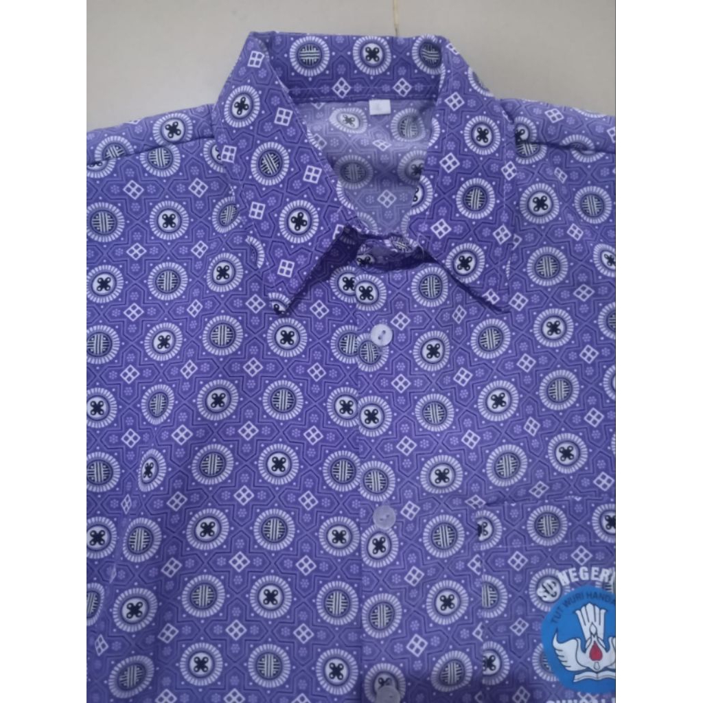Baju batik sekolah SD MI Lengan panjang motif bunga kapas ungu