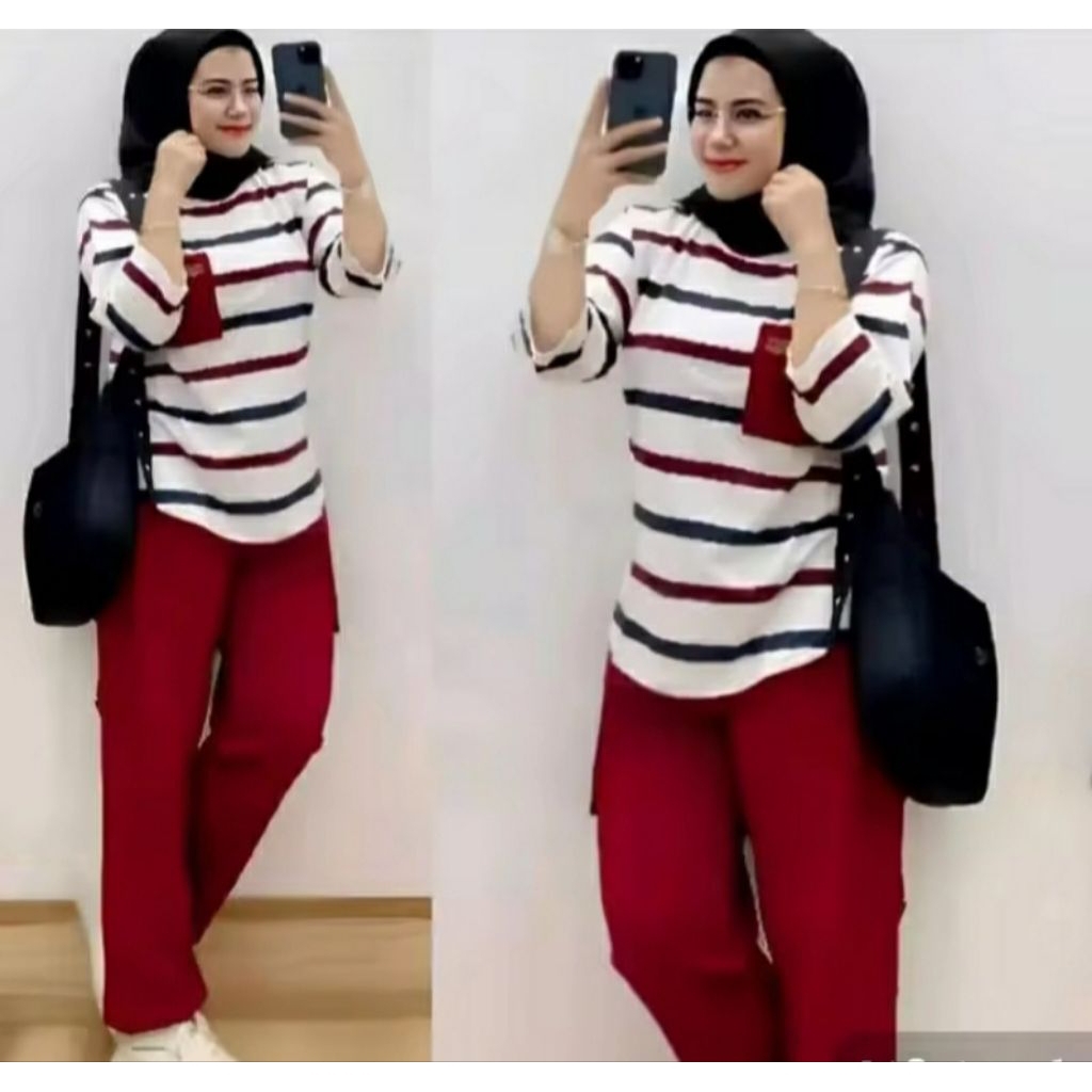 Set motif pelangi garis garis salur terbaru wanita kekinian