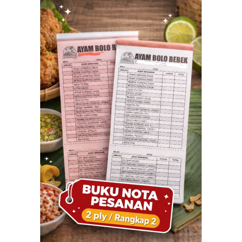 Nota bon list menu resto - rumah makan - cafe - resto | ukuran 1/3 folio atau 10 cm x 20 cm | 2 ply