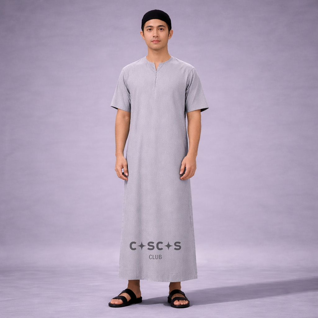 CASCAS V-Neck Gamis Taib Thobe Jubah Slim Fit - Abu