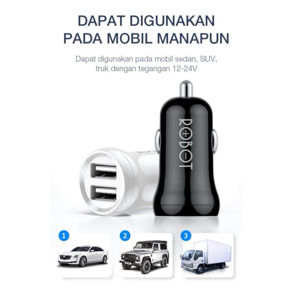 Car charger robot with cable micro 2.4A dual port fastcharging