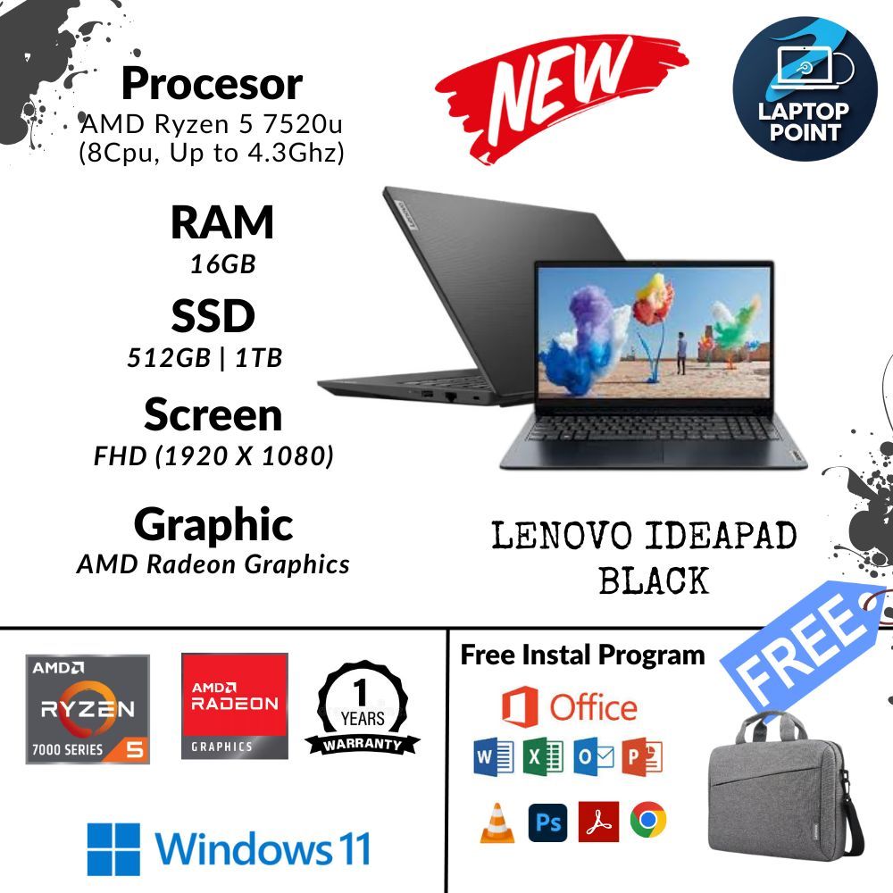 Laptop Baru Lenovo V14 G4 Ryzen 5 7430u black 24/1TB