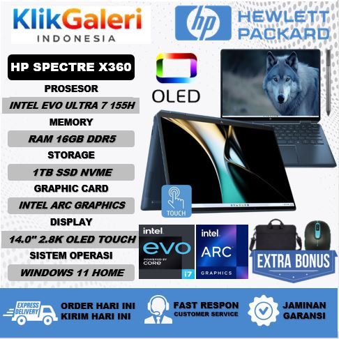 HP Spectre X360 14 Intel Evo ULTRA 7 155H 16GB 1TB OLED Laptop bisnis lipat plus stylus