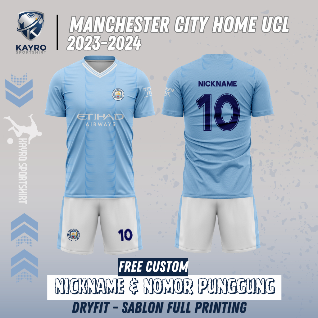 Jersey Bola Manchester City Home 2023-2024 UCL Full Printing Dryfit Milano Free Custom Nameset Anak 