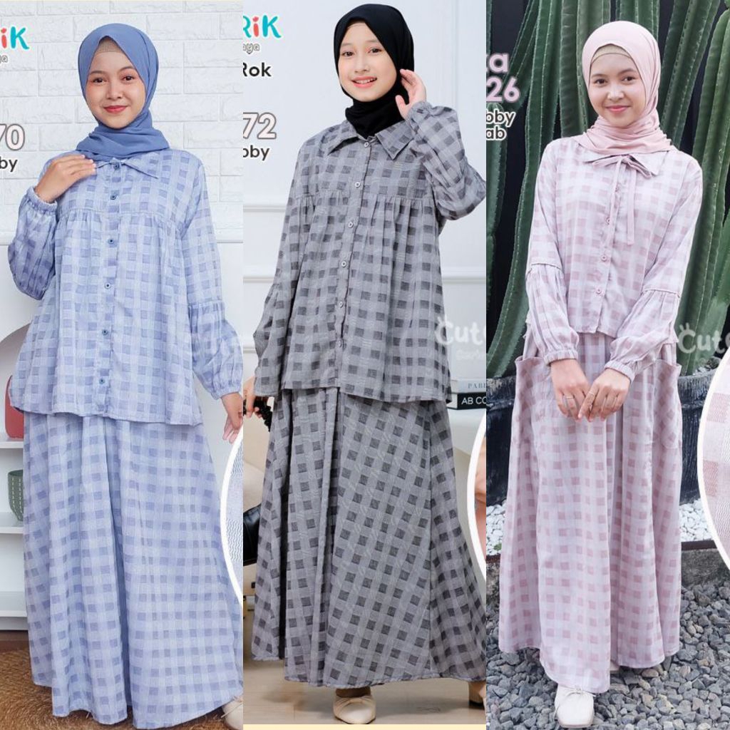y setelan rok one set tunik motif kotak anak remaja katun