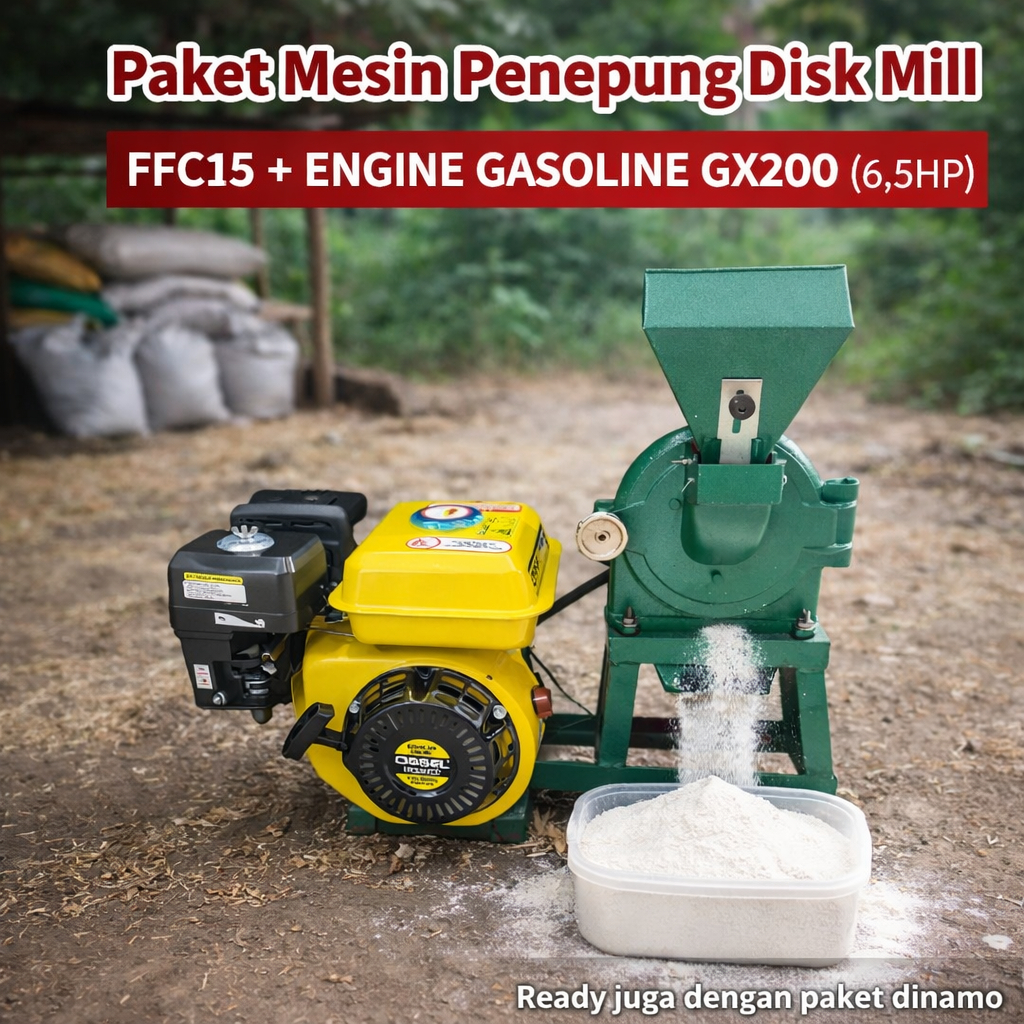 MESIN PENEPUNG MESIN GILINGAN TEPUNG DISK MILL FFC15 PENGGERAK DINAMO 1 HP, PENGGERAK BENSIN 6.5 HP 