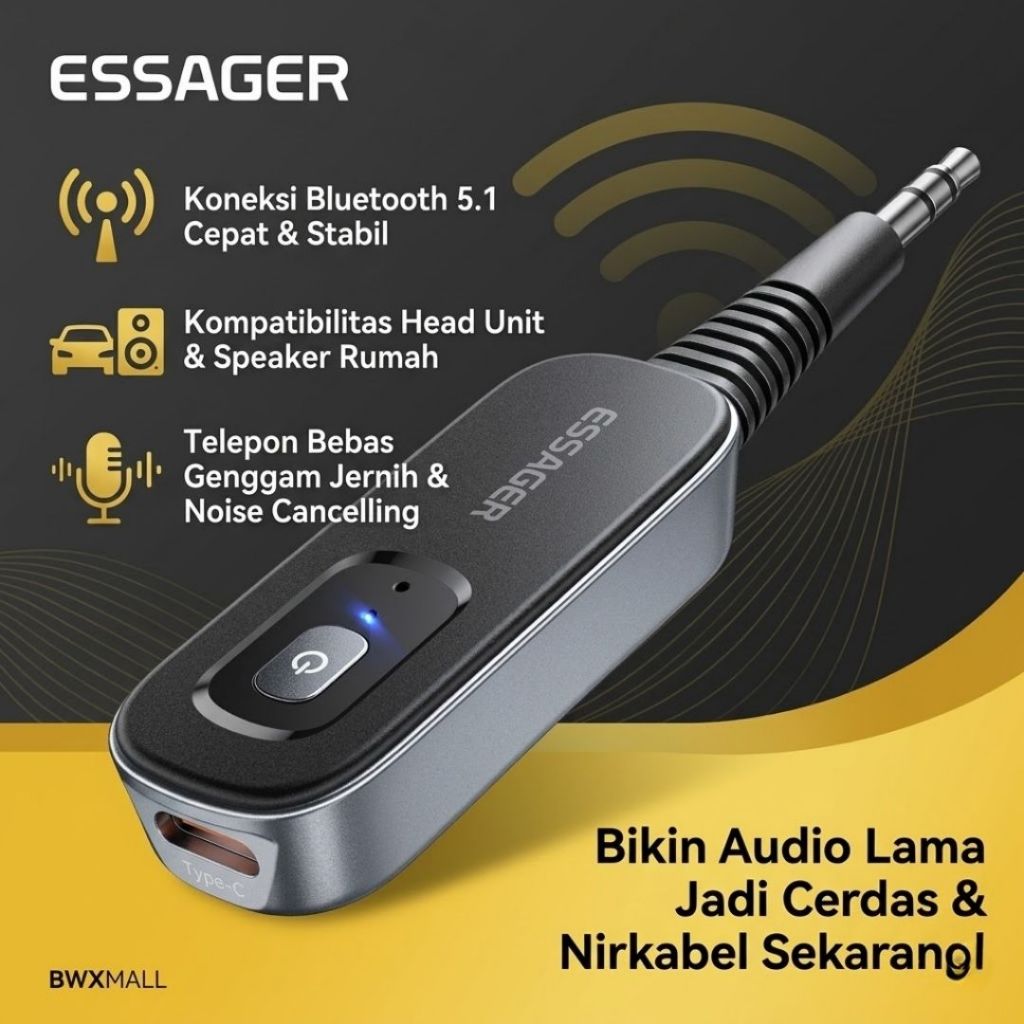 Dongle Bluetooth 5.1 Receiver Transmitter Audio 2in1 ESSAGER ES BT10 Jack AUX 3.5mm Solusi Tape Mobi