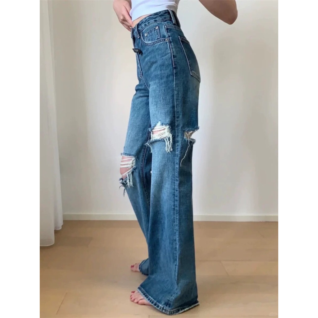Ripped Jeans Wanita High Waist Korean Style Premium