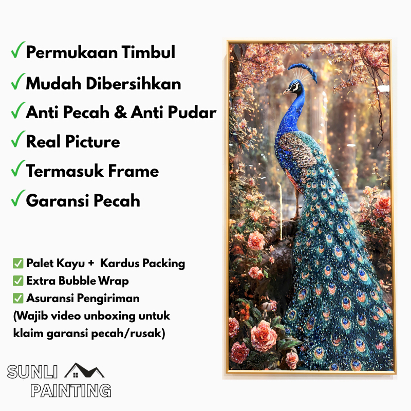 SUNLIPAINTING Lukisan Porcelain 5D Diamond Painting Mewah Elegan Motif Merak Bunga Pajangan Dinding