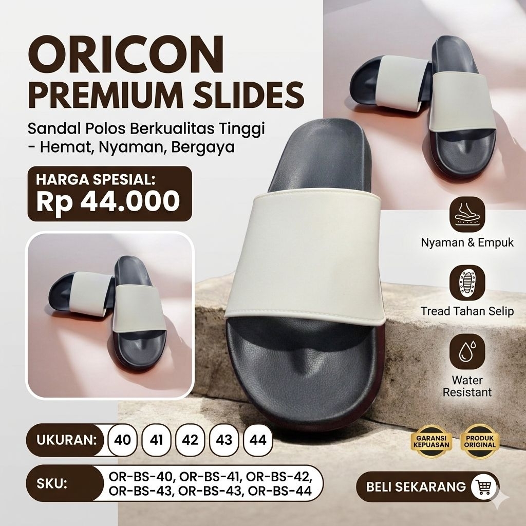Sandal Oricon Premium Slide Polos Pria - Sendal Karet Lembut Hitam Putih Anti Slip - Size 40-44
