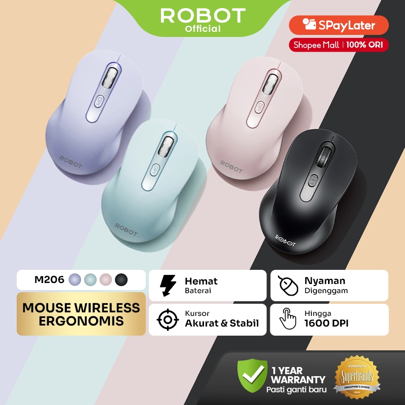 ROBOT Mouse Wireless M206 2.4GHz Optical 1600DPI Kursor Akurat Gaming - Garansi 1 Tahun