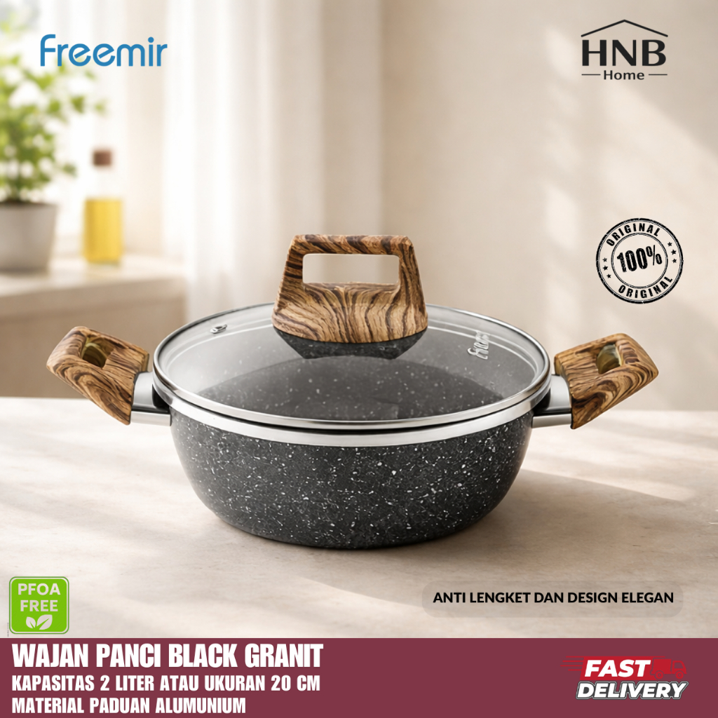 freemir Wajan Panci Granit Black Granit 20cm Anti Lengket Serbaguna Pegangan Kayu Anti Rayap