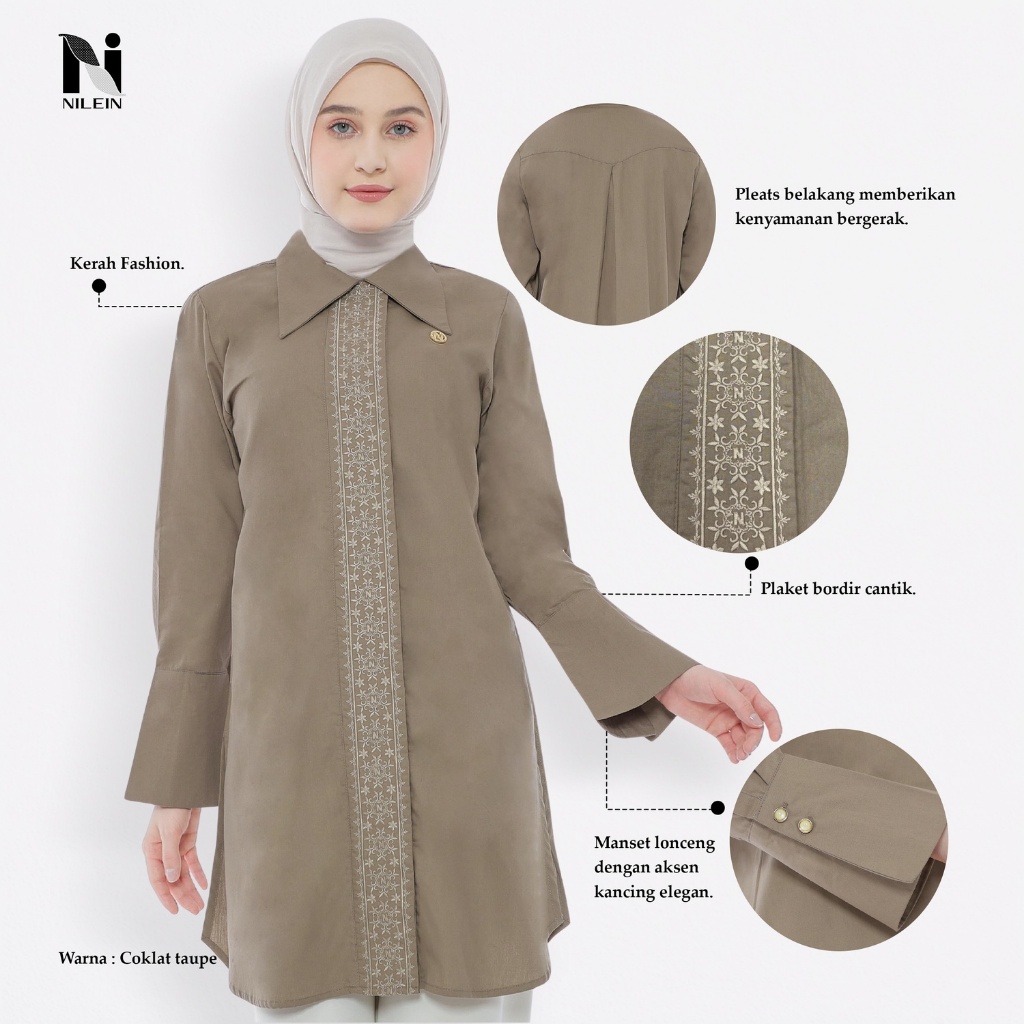 NILEIN Tunik Wanita Coklat Mocca Bordir Premium | Atasan Muslimah Elegan Kerja Formal