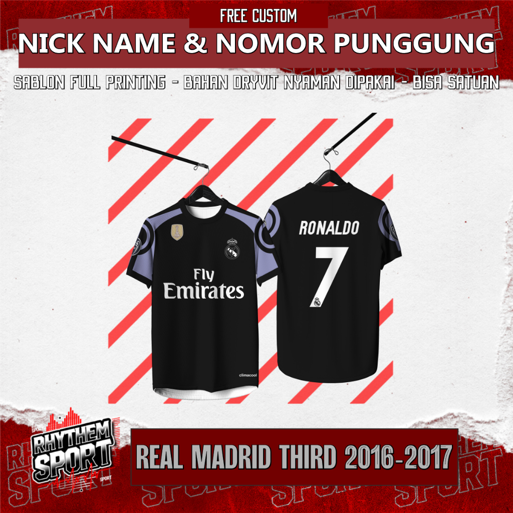 Jersey  Bola REAL MADRID HOME 2016-2017 PENDEK Free custom nama dan no pungggung Full printing