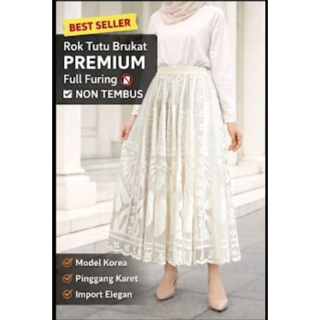 Rok Tutu Wanita Brukat Premium Full Furing | Rok Panjang Korea Style Elegan Pinggang Karet Hitam