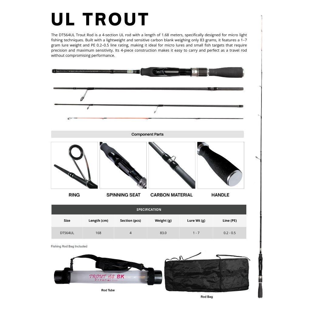 Joran UL Trout DT564UL 168cm Ultra Light Spinning Rod 4 Section Travel Rod Micro Lure 1–7g PE 0.2–0.