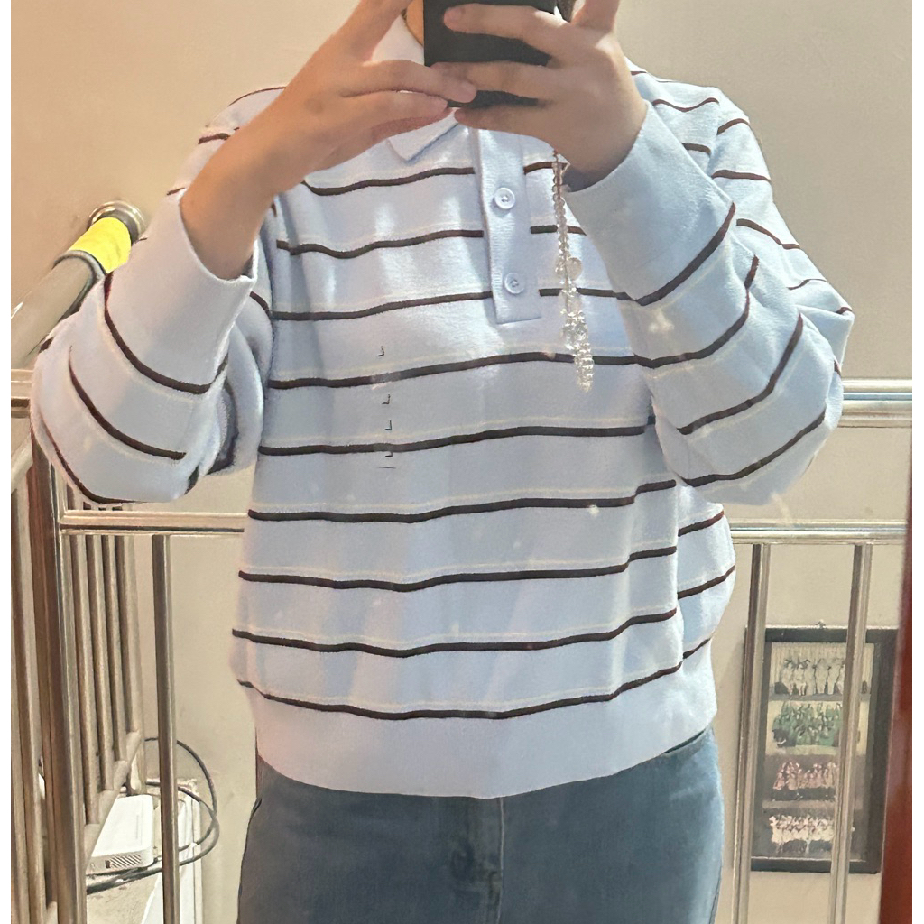 Uniqlo Sweater Polo Katun Knit Rajut Motif Stripes Garis