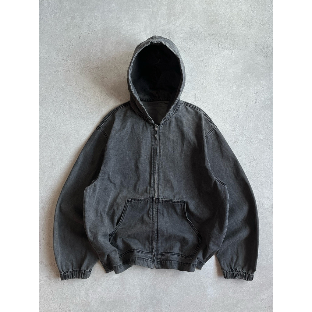 SPAO Dark Stone Wash Heavyweight Denim Zip-Up Hoodie