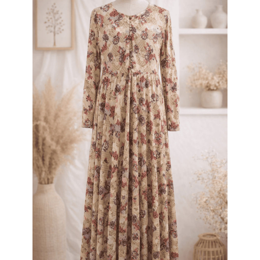 Gamis Floral Cream Jumbo Preloved Like New | Dress Panjang Wanita Anggun LD 104-120 Panjang 145