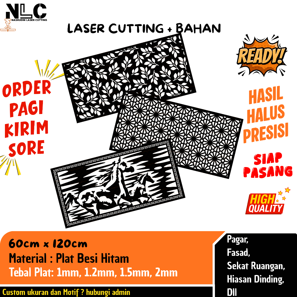PLAT LASER CUTTING MOTIF UKURAN 60 X 120 cm TEBAL 1mm, 1.2mm, 1.5mm, 2mm. ORNAMEN PAGAR, FASAD RUMAH