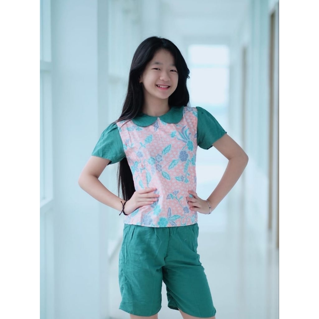 SETELAN BATIK ANAK REGINA LENGAN PENDEK MOTIF BUNGA MIX KOMBINASI POLOS POLO LINEN NYAMAN DI PAKAI