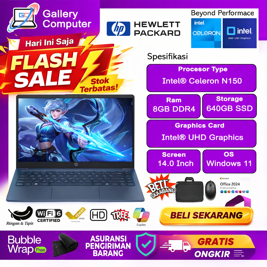 Flash Sale Laptop Slim HP 14 Intel N150 RAM 8GB 640GB SSD 14 Inch  Windows 11 Office 2024 Blue Ori