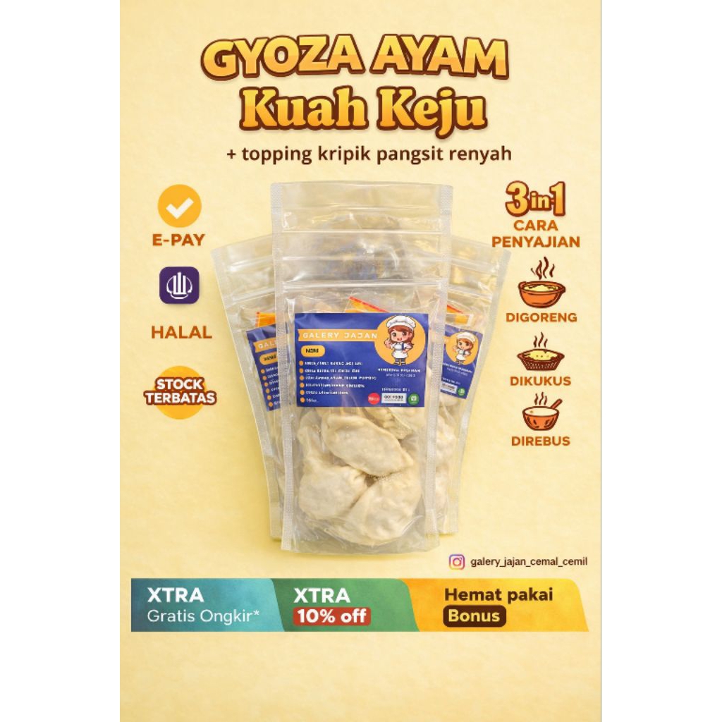 Gyoza Ayam 3in1 Kuah keju-Gyoza Ayam Full Ayam+Bumbu Kuah Keju+Kripik Pangsit