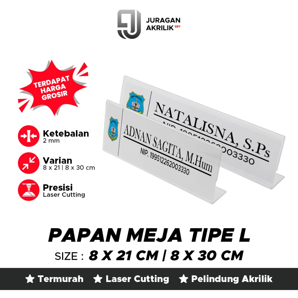 Papan Nama Akrilik L | Akrilik Kartu Nama Meja | Papan Nama Meja Panitia & Kantor