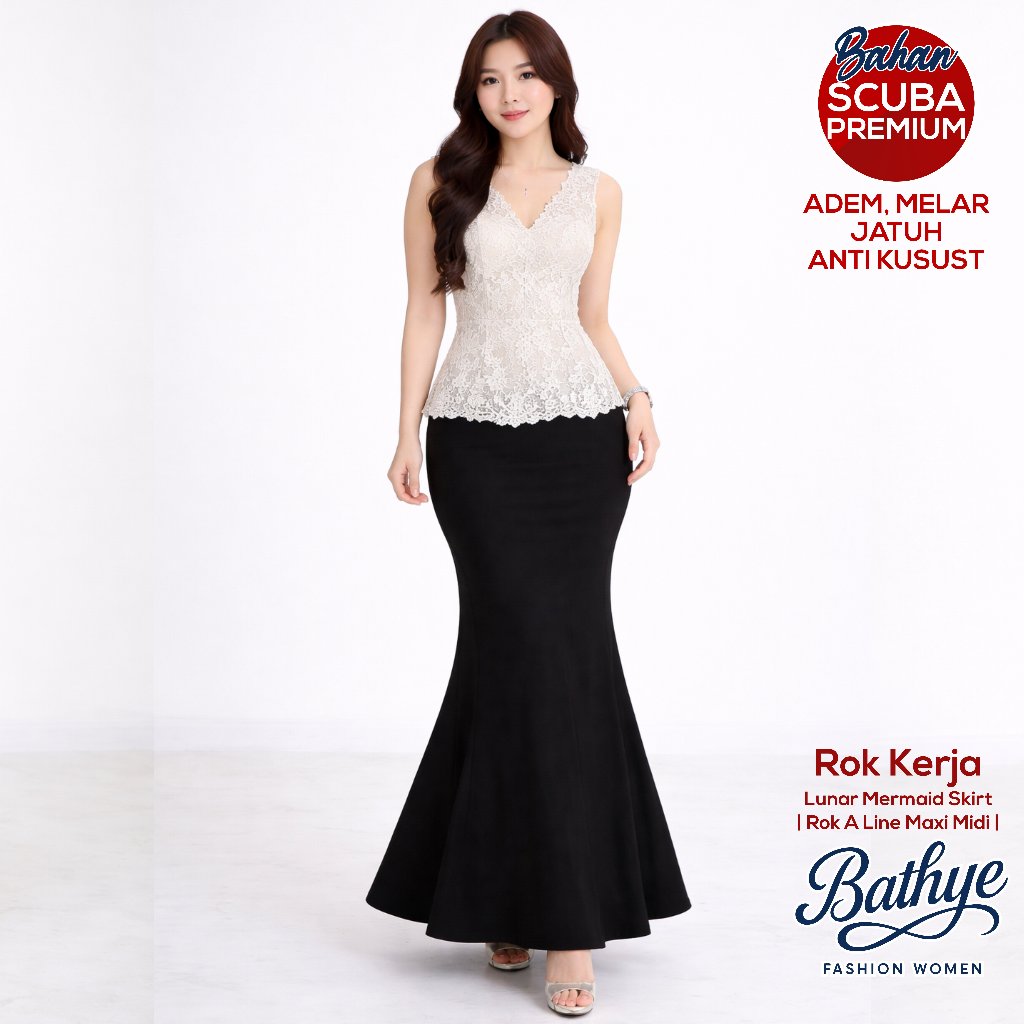 Rok Kerja Lunar Mermaid Skirt | Rok A Line Maxi Midi | Rok Polos Wanita Span Duyung Scuba Premium