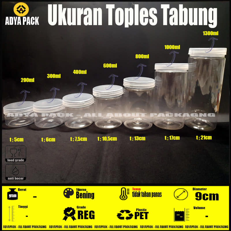 Toples Tabung Silinder 200ml 300ml 400ml 600ml 800ml 1000ml - Jar Plastik Mamitoko Fox Ulir