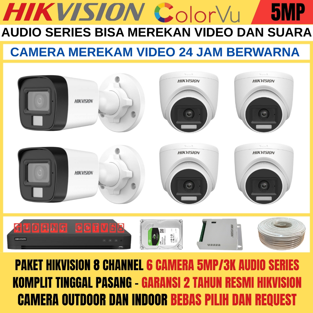 Paket CCTV HIKVISION 8 Channel 6 Camera HIKVISION 5MP Colorvu 3K Full Colour AUDIO SERIES Komplit