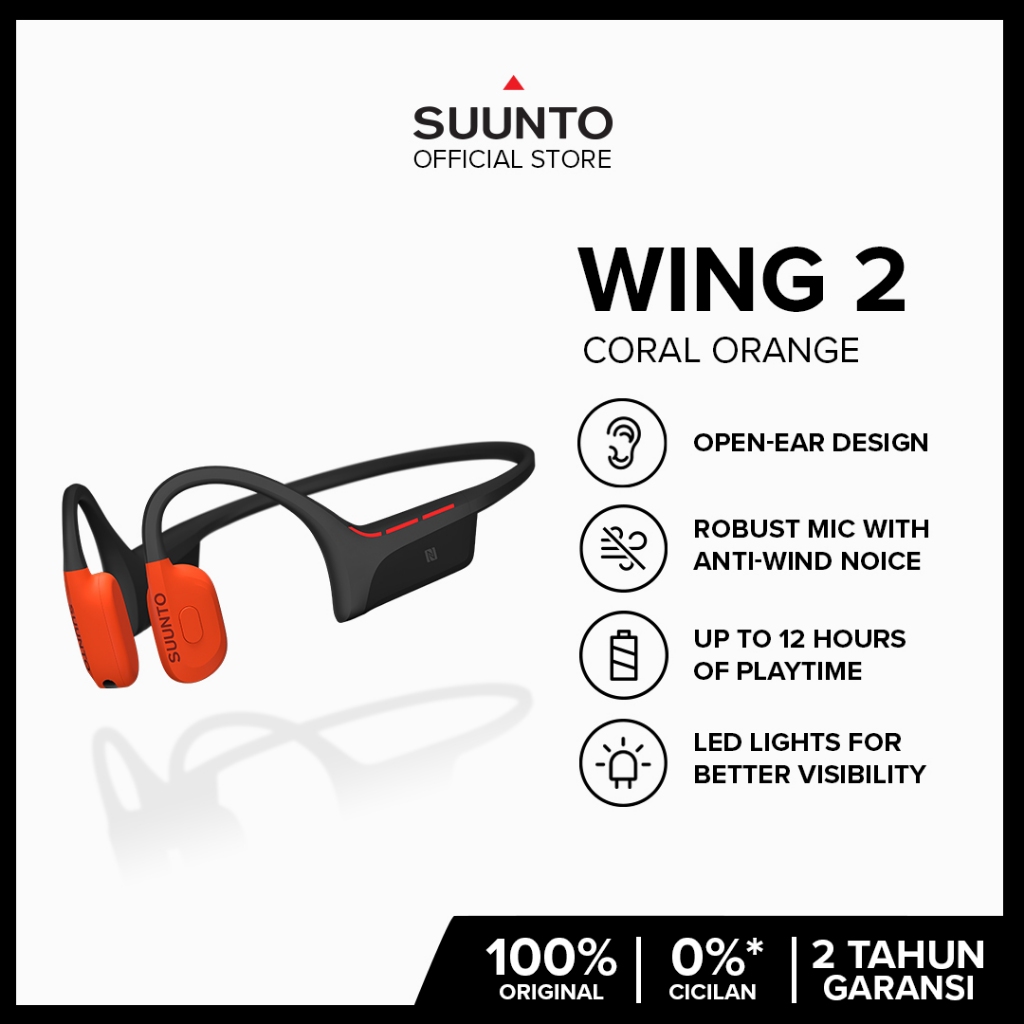 Suunto Wing 2 Coral Orange - Open-Ear Bone-Conduction Headphone | IP66 Waterproof | 12h Playtime + P