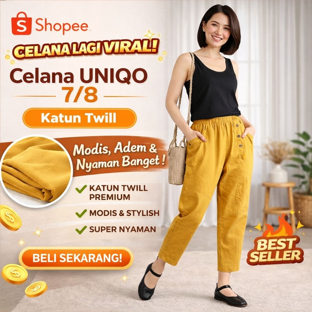 Celana 7/8 Katun Twill Stretch Celana Wanita Casual Korea Uniqo Trousers 7 per 8