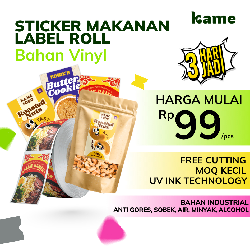 Cetak Stiker Label Roll UV INK Makanan | Stiker Roll Custom Anti Air | Stiker Cutting Kiss Cut | Sti