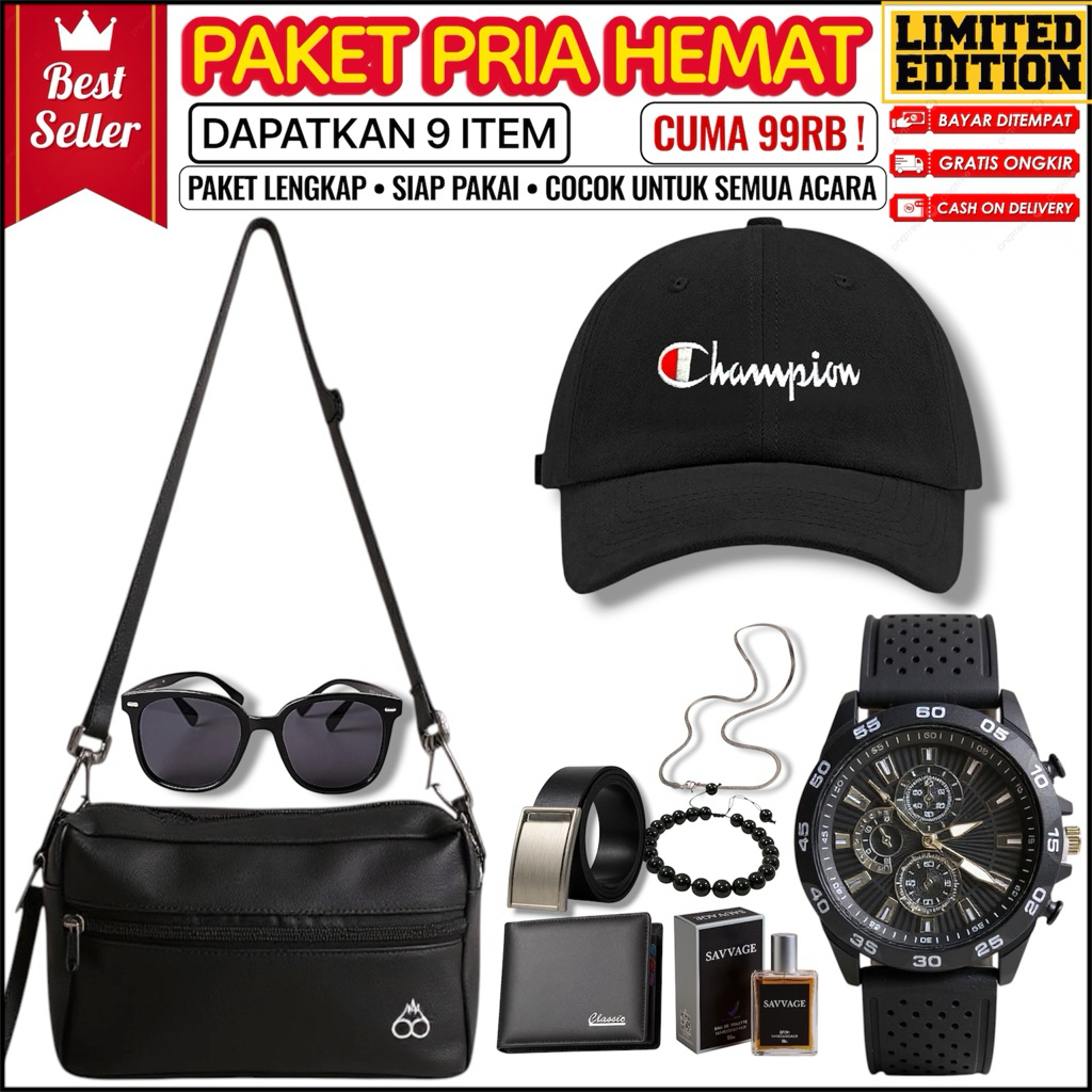SET PRIA LENGKAP 9 ITEM - PAKET FASHION COWOK CASUAL TOPI JAM TANGAN PARFUM DOMPET TAS SABUK KALUNG 