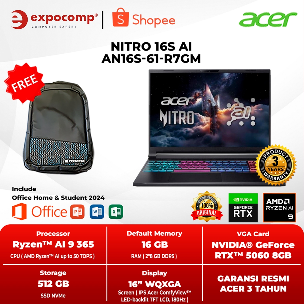 ACER GAMING NITRO 16S AI AN16S-61-R7GM BLACK AMD RYZEN AI 9-365 16GB 512GB RTX 5060 8GB GDDR7 WIN 11